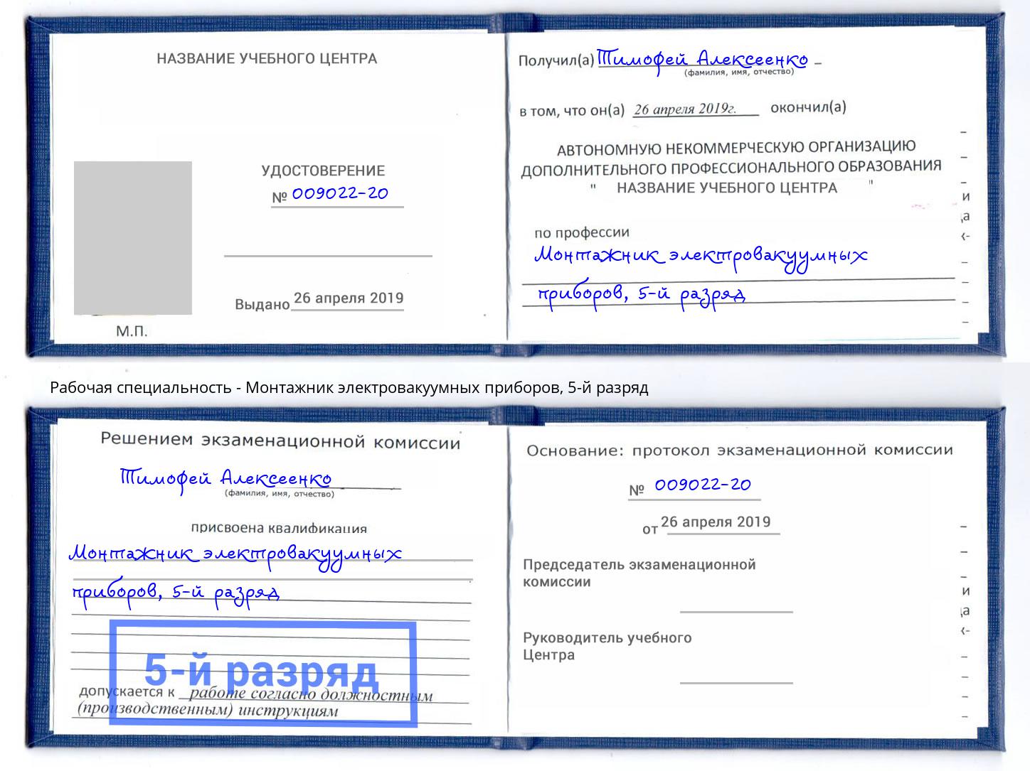 корочка 5-й разряд Монтажник электровакуумных приборов Лыткарино