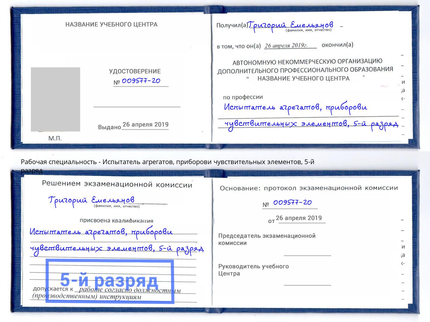 корочка 5-й разряд Испытатель агрегатов, приборови чувствительных элементов Лыткарино