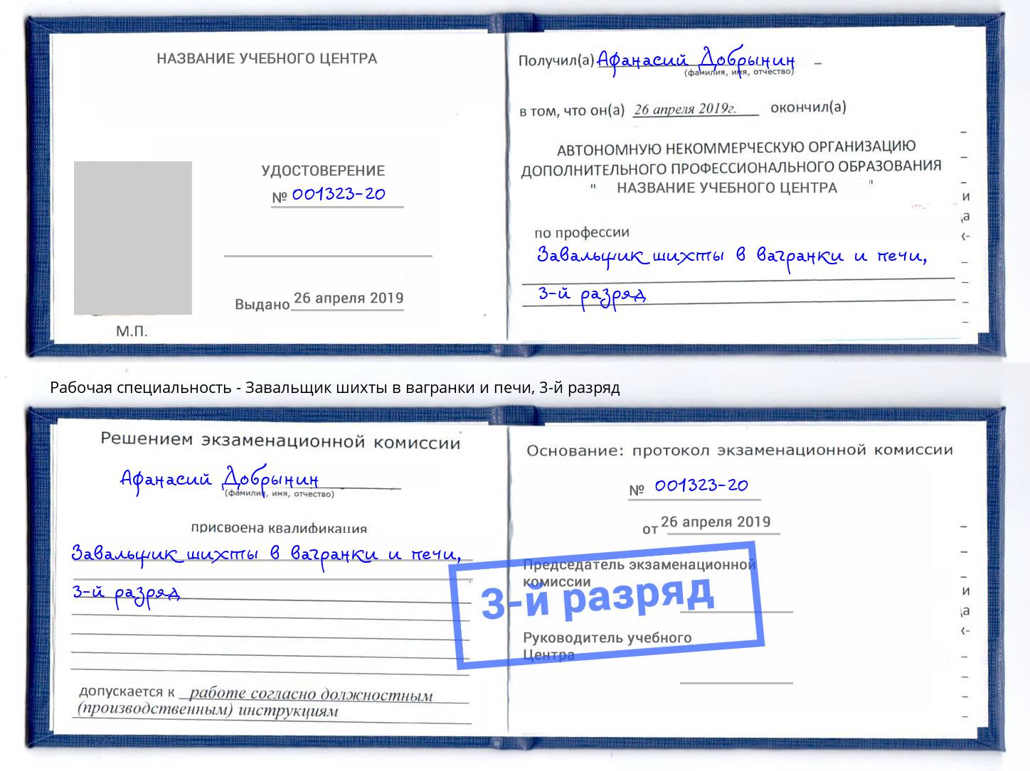 корочка 3-й разряд Завальщик шихты в вагранки и печи Лыткарино