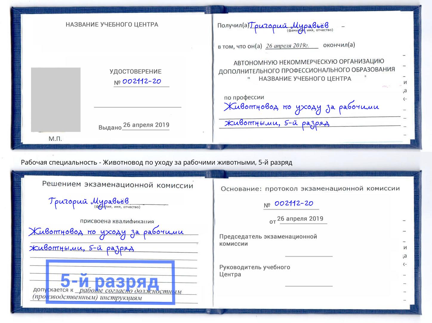 корочка 5-й разряд Животновод по уходу за рабочими животными Лыткарино