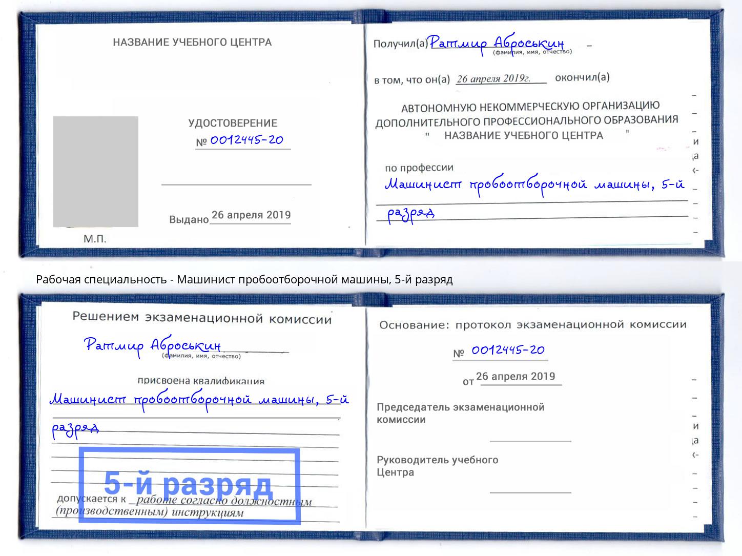 корочка 5-й разряд Машинист пробоотборочной машины Лыткарино