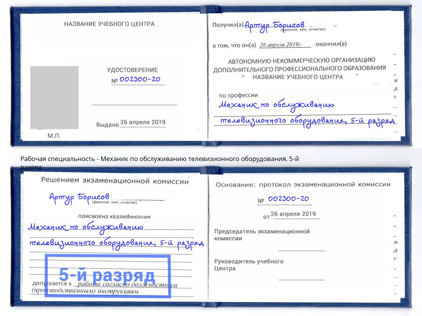 корочка 5-й разряд Механик по обслуживанию телевизионного оборудования Лыткарино