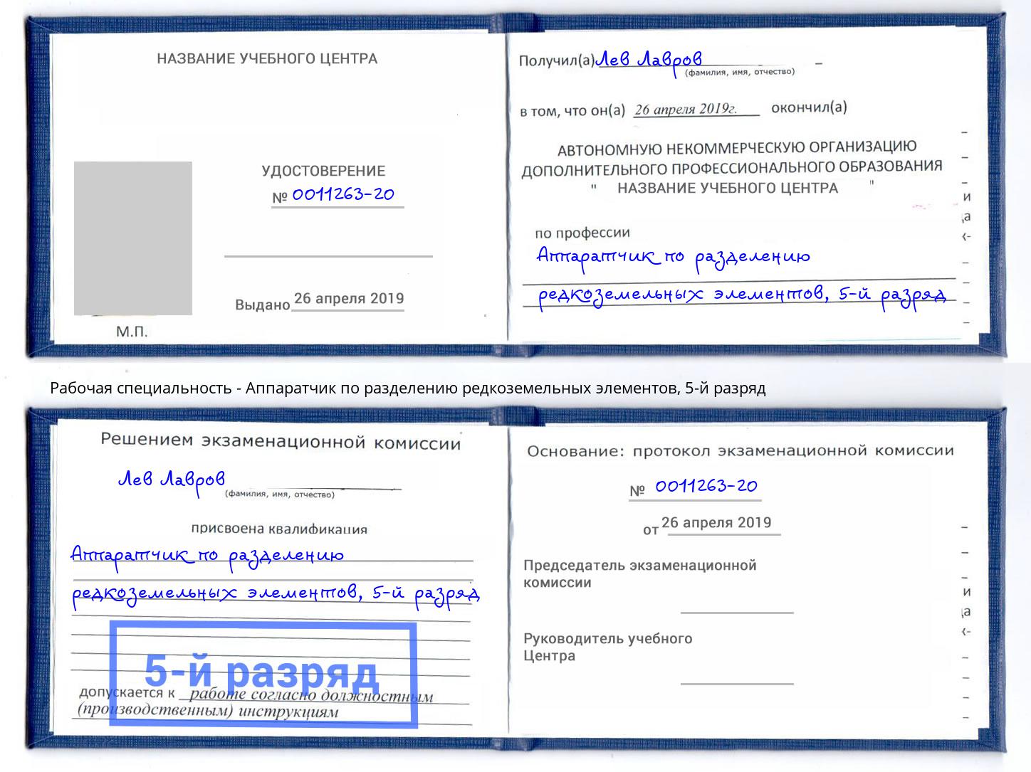 корочка 5-й разряд Аппаратчик по разделению редкоземельных элементов Лыткарино